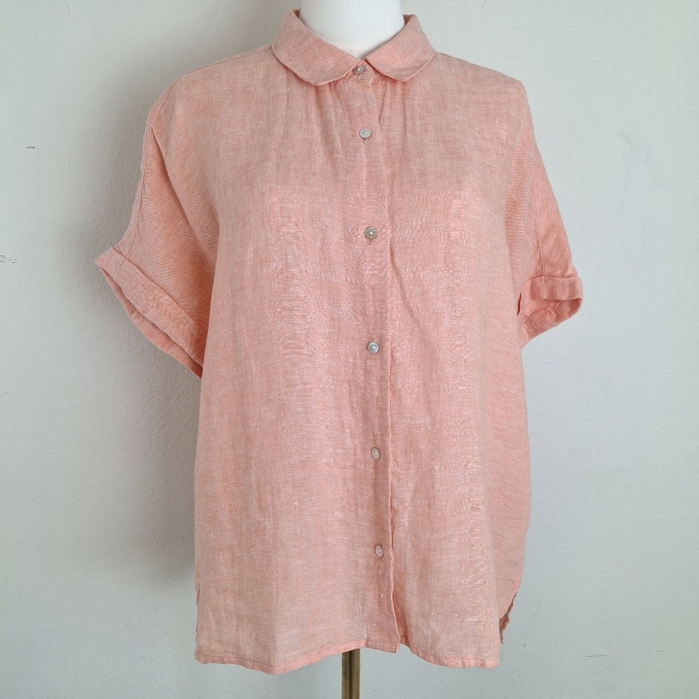 Tahari 100% Linen Shortsleeve Boxy Button Down Shirt in Peach